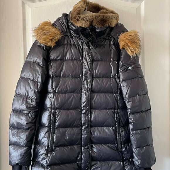 S13 Chelsea High Shine Faux Fur Trim Hooded Down Puffer Coat Women's size Large - Picture 2 of 10